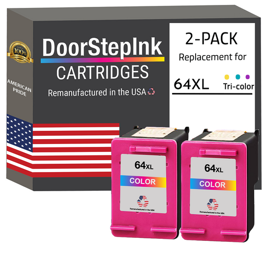 DoorStepInk Brand for HP 64XL (N9J91AN) Tri-Color Twin Pack Remanufactured in the USA Ink Cartridges, N9J91AN-0